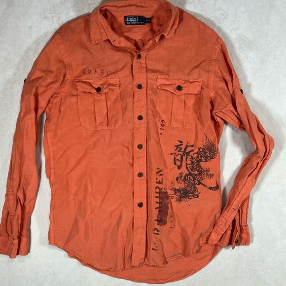 Polo Ralph Lauren M Silk Linen Blend Chinese Dragon Military Field Grade Shirt - Picture 3 of 12